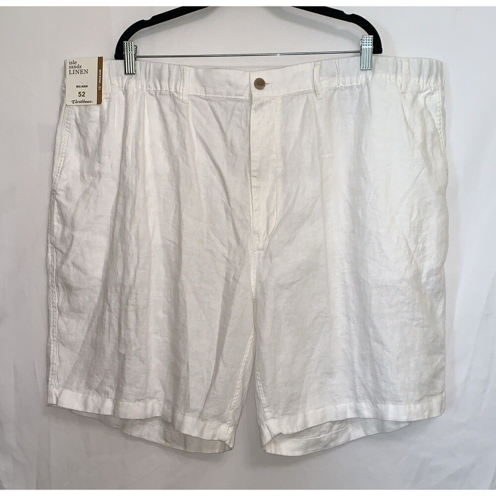 Caribbean Big Man Size 52 Shorts Linen White Elastic Waist Drawstring New NWT